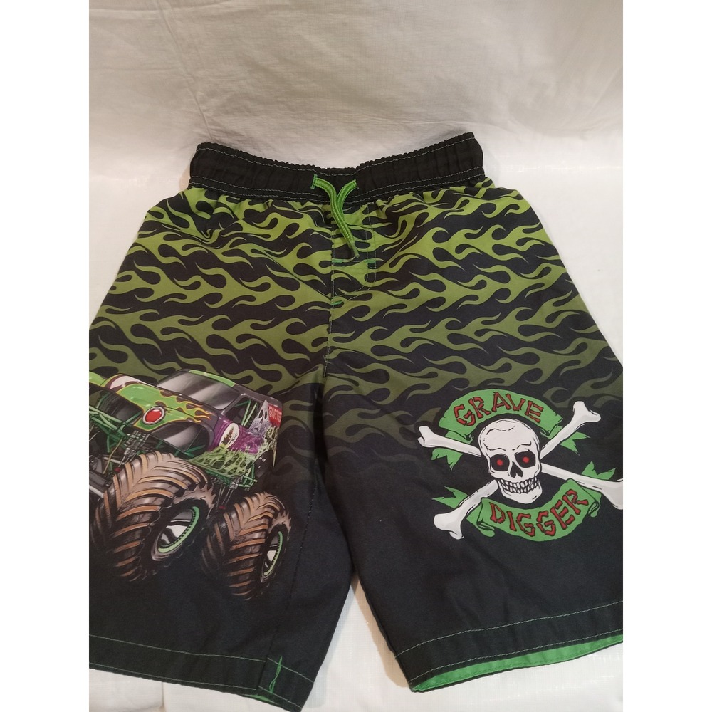 Monster Jam Grave Digger Boys Swim Trunks Size 6 Green Flame Monster Truck
